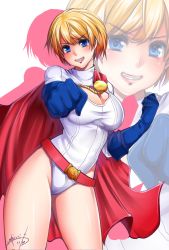 Rule 34 | 1girl, animification, belt, blonde hair, blue eyes, breasts, cape, cleavage, cleavage cutout, clothing cutout, dated, dc comics, gloves, grin, highres, kryptonian, large breasts, leotard, long sleeves, looking at viewer, miura hajime, power girl, red cape, short hair, signature, smile, solo, superman (series), thighs, zoom layer