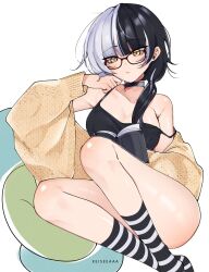 Rule 34 | 1girl, absurdres, alternate costume, alternate hairstyle, bare shoulders, black hair, book, breasts, casual, cleavage, expressionless, glasses, grey hair, highres, hololive, hololive english, jacket, keisea, large breasts, long hair, looking at viewer, multicolored hair, open book, reading, shiori novella, solo, split-color hair, two-tone hair, virtual youtuber, yellow eyes