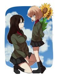 Rule 34 | 10s, 2girls, arms behind back, bad id, bad pixiv id, black footwear, black hair, black skirt, black socks, blonde hair, blue eyes, closed mouth, cloud, cloudy sky, commentary, day, embarrassed, flower, from side, full body, girls und panzer, green jacket, holding, holding flower, jacket, katyusha (girls und panzer), kneeling, light frown, light smile, loafers, long hair, long sleeves, looking at another, miniskirt, multiple girls, nonna (girls und panzer), on one knee, oono imo, outside border, pleated skirt, red shirt, school uniform, shirt, shoes, short hair, skirt, sky, socks, standing, sunflower, turtleneck