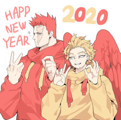 Rule 34 | 2020, 2boys, ?, beard, blonde hair, blue eyes, boku no hero academia, deavor lover, facial hair, feathered wings, feathers, happy new year, hawks (boku no hero academia), hood, hoodie, looking at another, male focus, manly, multiple boys, mustache, new year, red hair, scar, spiked hair, endeavor (boku no hero academia), upper body, wings