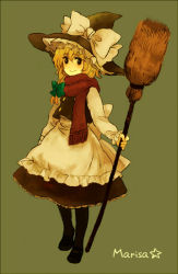 Rule 34 | 1girl, apron, black legwear, blonde hair, bow, braid, broom, brown eyes, buttons, character name, dress, female focus, full body, hair ribbon, hat, hat bow, kirisame marisa, looking at viewer, mary janes, meeko, perfect cherry blossom, red scarf, ribbon, scarf, shoes, simple background, smile, solo, standing, touhou, witch, witch hat