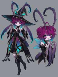 1girl :3 antennae arthropod_girl black_dress claws corset dress flat_chest full_body grey_background hat highres insect_wings looking_at_viewer mantis_girl original purple_eyes purple_hair solo squeaky_(artist) wings witch_hat