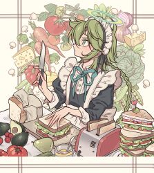 Rule 34 | 1other, apron, avocado, black dress, blue eyes, blue ribbon, braid, bread, broccoli, button mushroom, cabbage, carrot, cheese, cooking, dress, food, food-themed background, food pick, frilled apron, frills, fruit, green hair, halo, highres, holding, holding knife, knife, leaf, loaf of bread, long hair, looking up, maid, maid apron, maid headdress, meremero, mushroom, neck ribbon, onion, original, other focus, pea pod, pear, profile, puffy sleeves, red pepper, ribbon, sandwich, solo, tomato, upper body, waist apron, white apron, yellow halo, yui (meremero)