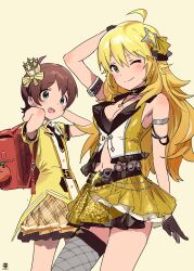 Rule 34 | 2girls, ;), ahoge, apple, arm behind head, armband, armpits, arms behind head, artist name, backpack, bag, bare shoulders, black choker, blonde hair, blush, breasts, brown gloves, brown hair, choker, cleavage, closed mouth, collarbone, cowboy shot, cropped jacket, crown, dohyo123123, fishnet thighhighs, fishnets, food, fruit, gloves, green eyes, hair ornament, hair ribbon, hands up, highres, hoshii miki, idolmaster, idolmaster (classic), idolmaster million live!, idolmaster million live! theater days, jacket, jewelry, kinoshita hinata, layered skirt, long hair, looking at viewer, medium breasts, midriff, mini crown, multiple girls, navel, necklace, one eye closed, open mouth, plaid, plaid skirt, pleated skirt, randoseru, ribbon, shiny trinity (idolmaster), short hair, short sleeves, signature, simple background, single thighhigh, skirt, sleeveless, sleeveless jacket, small breasts, smile, sweatdrop, thighhighs, yellow background, yellow jacket, yellow ribbon, yellow skirt
