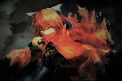 Rule 34 | 1girl, absurdres, black shirt, blue bow, bow, cloak, commentary request, covered mouth, cowboy shot, grey background, hair bow, hand up, high collar, highres, huge filesize, long sleeves, looking at viewer, red cloak, red eyes, red hair, ribbon-trimmed bow, safutsuguon, sekibanki, shirt, sideways glance, solo, touhou