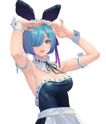 Rule 34 | 1girl, absurdres, alternate costume, animal ears, apron, armpits, arms up, blue eyes, blue hair, breasts, cleavage, commentary, detached collar, detached sleeves, fake animal ears, hair over one eye, highres, hongcasso, large breasts, looking at viewer, neck ribbon, rabbit ears, re:zero kara hajimeru isekai seikatsu, rem (re:zero), ribbon, ribbon trim, short hair, simple background, smile, solo, teeth, upper body, waist apron, white apron, white background, wrist cuffs