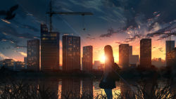 Rule 34 | 1girl, asaka fuyutoshi, backpack, bag, bird, black hair, black skirt, building, chinese commentary, city, cityscape, cloud, commentary request, crane (machine), grass, highres, long hair, long sleeves, original, reflection, river, scenery, school uniform, shirt, skirt, skyscraper, solo, sunset, water, white shirt
