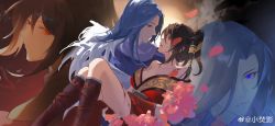 Rule 34 | 1boy, 1girl, absurdres, baifeng (qin shi ming yue), bare shoulders, black background, blood, blood on face, blue eyes, blue hair, brown hair, carrying, chi lian (qin shi ming yue), couple, dress, falling petals, flower, hair ornament, highres, long hair, petals, princess carry, qinshi mingyue, red dress, scarf, silhouette, xiao fen ying