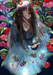 Rule 34 | 1girl, arm behind back, bad id, bad pixiv id, black background, black eyes, blue dress, blunt bangs, cherry, cherry background, cherry print, dress, fantasy, flat chest, food, food print, fruit, hair over one eye, highres, lapel pin, long hair, looking at viewer, original, outstretched hand, smile, vertigowitch