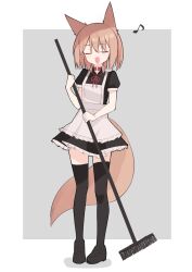 Rule 34 | 1girl, :d, animal ears, apron, black dress, black footwear, black thighhighs, broom, brown hair, choker, closed eyes, commentary request, dress, eighth note, facing viewer, fox ears, fox girl, fox tail, frilled apron, frilled dress, frills, full body, grey background, haigoma, highres, holding, holding broom, loafers, maid, musical note, open mouth, original, puffy short sleeves, puffy sleeves, red choker, shoes, short sleeves, smile, solo, standing, tail, thighhighs, two-tone background, white apron, white background