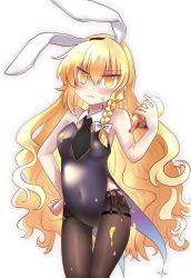 Rule 34 | 1girl, alternate costume, animal ears, black leotard, black panties, blonde hair, blush, bottle, bow, braid, closed mouth, coattails, collar, commentary, covered navel, detached collar, fake animal ears, food on clothes, frown, hair bow, hand on own hip, highres, holding, honey, kirisame marisa, leotard, long hair, looking at viewer, mochi547, necktie, panties, pantyhose, playboy bunny, rabbit ears, side-tie panties, side braid, simple background, solo, standing, strapless, strapless leotard, sweatdrop, thigh gap, thighband pantyhose, touhou, underwear, very long hair, wavy hair, white background, white bow, white collar, wing collar, yellow eyes