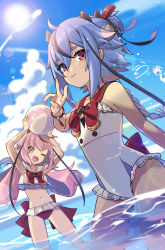Rule 34 | 2others, arms up, ball, beachball, blue eyes, blue hair, blue sky, bow, bowtie, braid, cloud, collar, commentary, cowboy shot, hair ribbon, hand up, highres, holding, holding ball, holding beachball, lens flare, long hair, looking at viewer, meika hime, meika mikoto, multiple others, navel, nou (nounknown), ocean, one-piece swimsuit, one eye closed, open mouth, outdoors, pink eyes, pink hair, red collar, ribbon, sailor collar, signature, sky, smile, sun, swimsuit, twintails, v, vocaloid, wading, white one-piece swimsuit