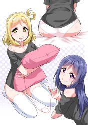 Rule 34 | 2girls, :p, alternate hairstyle, ass, black shirt, blonde hair, blue hair, braid, breasts, cleavage, collarbone, crown braid, dolphin pendant, hair down, hair rings, halftone, halftone background, highres, large breasts, long hair, looking at viewer, love live!, love live! sunshine!!, lying, matsuura kanan, medium breasts, medium hair, multiple girls, multiple views, no pants, hugging object, off-shoulder shirt, off shoulder, ohara mari, on bed, on stomach, panties, pillow, pillow hug, pinky out, polka dot, polka dot background, purple eyes, seiza, shirt, short sleeves, sidelocks, sitting, smile, string, string around finger, string of fate, string tie, thighhighs, tongue, tongue out, underwear, white legwear, white panties, yellow eyes, yopparai oni