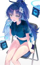 Rule 34 | 1girl, absurdres, anger vein, blue archive, blue buruma, blue eyes, blue shirt, blush, bottle, bottle to cheek, breasts, buruma, chair, drone, gym shirt, gym uniform, halo, highres, holding, holding bottle, holding towel, id card, lanyard, large breasts, long hair, looking at viewer, navel, official alternate costume, open mouth, parted bangs, ponytail, purple hair, shirt, short sleeves, simple background, solo, star sticker, sticker on face, sweat, thighs, tied shirt, towel, tsubameno, twitter username, water bottle, wet, white background, yuuka (blue archive), yuuka (track) (blue archive)