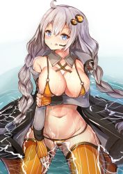 Rule 34 | 1girl, :q, arm support, bikini, blue eyes, blush, braid, breast rest, breasts, coat, fingerless gloves, gloves, groin, hair ornament, hairpin, kizuna akari, large breasts, long hair, looking at viewer, navel, off shoulder, orange bikini, orange thighhighs, partially submerged, se-u-ra, silver hair, smile, solo, striped clothes, striped thighhighs, swimsuit, thighhighs, tongue, tongue out, twin braids, twintails, vertical-striped clothes, vertical-striped thighhighs, very long hair, vocaloid, voiceroid, wet