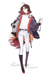 Rule 34 | 1girl, ahoge, asymmetrical clothes, bag, belt, boots, brown hair, contemporary, dog tail, fate/grand order, fate (series), grey jacket, jacket, k500yen, kyokutei bakin (fate), long hair, low-tied long hair, pants, red eyes, signature, tail, white background, white pants