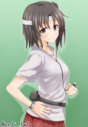 Rule 34 | 10s, 1girl, anti (untea9), bag, black hair, blouse, blush, breasts, brown eyes, casual, cowboy shot, from side, green background, hairband, hand on own hip, headband, highres, kantai collection, looking at viewer, medium breasts, nagara (kancolle), one side up, pants, red pants, shirt, short hair, short sleeves, side ponytail, simple background, smile, solo, standing, twitter username, watch, white shirt, wristwatch