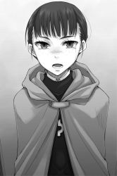 Rule 34 | 1girl, ayakura juu, cape, crying, crying with eyes open, elsa schtingheim, gradient background, grey background, greyscale, hood, hooded, looking at viewer, monochrome, novel illustration, official art, open mouth, short hair, solo, spice and wolf, standing, tears, upper body