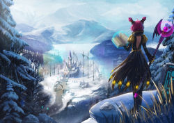 Rule 34 | 10s, 1girl, book, dragon nest, fantasy, mountain, red hair, saber 01, snow, solo, sorceress (dragon nest), staff
