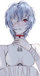 Rule 34 | 1girl, armpit crease, ayanami rei, bandage over one eye, bandaged arm, bandages, bare shoulders, blue hair, cast, grey pupils, hair between eyes, highres, inuo (inuo x), neon genesis evangelion, parted lips, red eyes, short hair, simple background, solo, turtleneck, upper body, white background