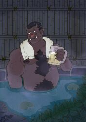 Rule 34 | 1boy, alcohol, bara, baraboy, beer, belly, boar boy, body fur, bored, brown hair, chest tuft, cup, dark-skinned male, dark skin, dungeon meshi, highres, large areolae, looking to the side, male focus, mature male, monster boy, mug, muscular, muscular male, nipples, nude, onsen, orc, penis, penis peek, short hair, solo, thick navel hair, towel, towel around neck, tusks, upper body, zon (dungeon meshi)