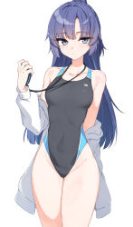 Rule 34 | absurdres, alternate costume, bare shoulders, blue archive, breasts, commentary, competition school swimsuit, competition swimsuit, hair between eyes, highres, isocha, jacket, looking at viewer, one-piece swimsuit, open clothes, ponytail, purple eyes, purple hair, school swimsuit, simple background, small breasts, swimsuit, thighs, white background, white jacket, yuuka (blue archive)