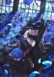 Rule 34 | 1girl, absurdres, animal ears, bare shoulders, black dress, black hair, black hat, blue flower, blue rose, blush, bouquet, breasts, commentary request, dagger, dress, flower, hair over one eye, hat, hat flower, highres, holding, holding bouquet, horse ears, horse girl, horse tail, knife, koh kaede, long hair, long sleeves, looking at viewer, off-shoulder dress, off shoulder, parted lips, purple eyes, rice shower (umamusume), rose, small breasts, solo, stained glass, tail, tilted headwear, umamusume, very long hair, weapon