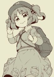 Rule 34 | 1girl, backpack, bag, breasts, closed mouth, eyebrows, green background, hair bobbles, hair ornament, hand up, hat, highres, kawashiro nitori, long sleeves, monochrome, palms, parted bangs, pocket, short hair, simple background, skirt, sleeve cuffs, small breasts, smile, solo, touhou, two side up, yokoyoko (nazonazo)