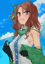 Rule 34 | 1girl, :d, animal ears, armpit crease, bare shoulders, black gloves, blue sky, blush, breasts, brown hair, center frills, cloud, collared shirt, day, eyebrows hidden by hair, frills, geppewi, gloves, green jacket, hair between eyes, highres, horse ears, jacket, king halo (umamusume), long hair, long sleeves, looking at viewer, medium breasts, o-ring, off shoulder, one side up, open clothes, open jacket, open mouth, outdoors, parted bangs, red eyes, shirt, sky, sleeveless, sleeveless shirt, smile, solo, umamusume, upper body, white shirt