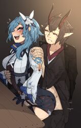 Rule 34 | 1boy, 1girl, ass, black hair, blue hair, blush, character request, clothed sex, commission, eula (genshin impact), genshin impact, hair ornament, hand on another&#039;s shoulder, hetero, highres, horns, open mouth, pointy ears, pussy juice, red eyes, sex, sex from behind, shuuko (s h uuko), simple background, standing, standing sex, teeth, tongue, upper teeth only, yellow eyes