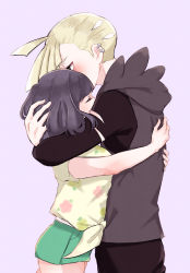 Rule 34 | 1boy, 1girl, black hair, blonde hair, blush, closed eyes, commentary request, creatures (company), ear piercing, eyelashes, floral print, game freak, gladion (pokemon), green shorts, hand on another&#039;s head, height difference, highres, hood, hood down, hoodie, hug, myuuu ay, nintendo, piercing, pokemon, pokemon sm, selene (pokemon), shirt, short shorts, short sleeves, shorts, simple background, tied shirt
