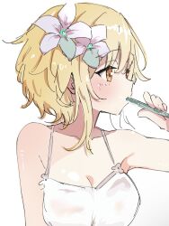Rule 34 | 1girl, armpit peek, bare shoulders, blonde hair, blush, breasts, camisole, cleavage, collarbone, flower, hair flower, hair ornament, holding, looking to the side, lumine (genshin impact), medium breasts, orange eyes, short hair, short hair with long locks, sidelocks, solo, suggestive fluid, toothbrush, ukitaryu, upper body, white background, white camisole