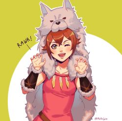 Rule 34 | 1girl, alternate costume, animal costume, brown hair, green eyes, looking at viewer, mella, octopath traveler, octopath traveler i, open mouth, short hair, simple background, smile, solo, tressa (octopath traveler), wolf, wolf costume
