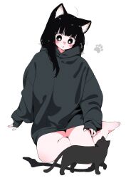 Rule 34 | 1girl, :o, ahoge, animal ear fluff, animal ears, barefoot, black cat, black eyes, black hair, blunt bangs, blush, blush stickers, cat, cat ears, cat girl, dot nose, full body, grey hoodie, highres, hood, hoodie, looking down, megateru, no legwear, no pants, nose blush, notice lines, on floor, original, oversized clothes, paw print, sleeves past wrists, solo, thighhigh removed, thighs, white background