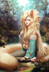 Rule 34 | 1boy, animal ears, barefoot, blonde hair, blue eyes, bug, butterfly, david bowie, eyebrows, eyelashes, fox ears, fox tail, hair ornament, highres, bug, lips, long hair, looking at viewer, male focus, nature, original, outdoors, pond, river, seiza, seriousbreakfesttime, signature, sitting, slit pupils, solo, tail, trap, tree, very long hair