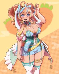 Rule 34 | 1girl, ahoge, blue bow, blue eyes, blue hair, blush, bonnie (bunny gif), bow, breasts, cleavage, hair bow, heart, heart-shaped pupils, highres, indie virtual youtuber, large breasts, looking at viewer, multicolored eyes, multicolored hair, open mouth, orange hair, pink eyes, ryou sakai, short hair, short twintails, smile, solo, streaked hair, symbol-shaped pupils, tan, teeth, twintails, upper teeth only, v, virtual youtuber