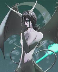 Rule 34 | 1boy, allta, bare shoulders, black hair, black sclera, bleach, collarbone, colored sclera, commentary, crescent moon, demon tail, demon wings, facial mark, fingernails, fur, green eyes, hand on own face, highres, hole on body, horns, male focus, moon, night, sharp fingernails, short hair, solo, tail, ulquiorra cifer, wings