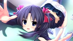 Rule 34 | 1girl, :d, :o, black hair, blue eyes, blush, bow, clothes lift, dutch angle, eyebrows, fang, game cg, hair bow, hair ornament, hallway, indoors, lamp, long hair, long sleeves, looking at viewer, love sweets, lying, on floor, on stomach, open mouth, otonashi kushina, outstretched arms, palms, panties, pink panties, print panties, reaching, reaching towards viewer, sakurazaka tsuchiyu, skirt, skirt lift, smile, solo, thighhighs, tooth, top-down bottom-up, underwear, upskirt, white thighhighs