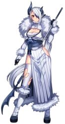 Rule 34 | 1girl, absol, asymmetrical horns, black dress, black gloves, blue hair, blue horns, boots, breasts, chest sarashi, cleavage, closed mouth, creatures (company), dress, frown, full body, fur-trimmed boots, fur-trimmed dress, fur-trimmed footwear, fur-trimmed sleeves, fur trim, game freak, gen 3 pokemon, gloves, hair over one eye, holding, holding polearm, holding weapon, horns, katagiri hachigou, long hair, long sleeves, medium breasts, mega absol, mega pokemon, multicolored hair, naginata, nintendo, personification, pokemon, polearm, red eyes, sarashi, simple background, solo, thighhighs, torn clothes, torn thighhighs, turtleneck, two-tone gloves, two-tone hair, very long hair, weapon, white background, white dress, white gloves, white hair, white thighhighs
