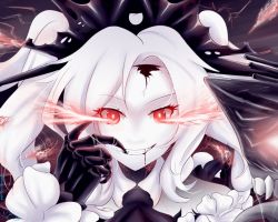 Rule 34 | 1girl, abyssal ship, art dy25, blood, blood from mouth, close-up, colored skin, drill hair, fangs, glowing, glowing eyes, kantai collection, new light cruiser princess, portrait, red eyes, smile, solo, twin drills, upper body, white hair, white skin