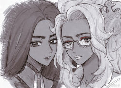 2girls chinese_commentary commentary_request creatures_(company) dark-skinned_female dark_skin eyelashes eyeshadow game_freak geeta_(pokemon) glasses greyscale hair_ornament makeup monochrome multiple_girls nicca_(nicca11y) nintendo pokemon pokemon_sv raifort_(pokemon) red_eyeshadow spot_color watermark weibo_watermark