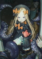 Rule 34 | 1girl, abigail williams (fate), absurdres, black bow, black dress, blonde hair, bloomers, blue eyes, blush, bow, commentary, doorway, dress, eyelashes, fate/grand order, fate (series), forehead, frilled sleeves, frills, hair bow, hat, highres, kotobuki nashiko, light particles, lolita fashion, long hair, long sleeves, looking at viewer, multiple hair bows, multiple hat bows, orange bow, parted bangs, pov, pov hands, sleeves past fingers, sleeves past wrists, smile, solo, solo focus, standing, stuffed animal, stuffed toy, teddy bear, tentacles, underwear, very long hair, white bloomers