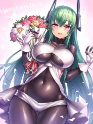Rule 34 | 1girl, blush, bodysuit, borrowed character, bouquet, breasts, covered navel, cowboy shot, eyebrows, fingerless gloves, flower, gloves, gluteal fold, green hair, headgear, large breasts, long hair, looking at viewer, menou kaname (taishi), original, pink eyes, shiny clothes, short shorts, shorts, smile, solo, thigh gap, underboob, very long hair, white gloves, yapo (croquis side)