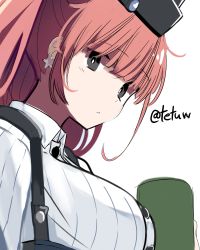 Rule 34 | 1girl, absurdres, atlanta (kancolle), black hat, breasts, brown hair, buttons, earrings, garrison cap, grey eyes, hat, highres, jewelry, kantai collection, large breasts, long hair, long sleeves, one-hour drawing challenge, shirt, simple background, solo, star (symbol), star earrings, suspenders, tetuw, twitter username, two side up, white background, white shirt