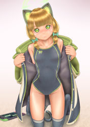 Rule 34 | 1girl, animal ear headphones, animal ears, black one-piece swimsuit, black thighhighs, blonde hair, blue archive, cat ear headphones, cat ears, cat tail, collarbone, commentary request, competition swimsuit, fake animal ears, flat chest, full body, gradient background, green eyes, green jacket, handheld game console, headphones, highres, jacket, kneeling, looking at viewer, midori (blue archive), one-piece swimsuit, short hair, solo, swimsuit, tail, thighhighs, uzuki mei
