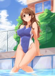Rule 34 | 1girl, absurdres, arm support, bare arms, bare legs, bare shoulders, blue one-piece swimsuit, blurry, blurry background, blush, braid, breasts, brown eyes, brown hair, building, chain-link fence, closed mouth, collarbone, commentary request, competition swimsuit, covered erect nipples, covered navel, day, feet out of frame, fence, from below, groin, highleg, highleg swimsuit, highres, idolmaster, idolmaster cinderella girls, knees together feet apart, light particles, long hair, looking at viewer, medium breasts, one-piece swimsuit, outdoors, pool, poolside, shimamura uzuki, sideboob, sitting, smile, soaking feet, solo, swimsuit, tree, twin braids, two-tone swimsuit, twogie, water, water drop, wet, wet hair, white one-piece swimsuit