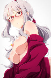 Rule 34 | 1girl, arched back, bare shoulders, blunt bangs, blush, breasts, breasts out, chromatic aberration, glasses, hairband, highres, idolmaster, idolmaster (classic), large breasts, long hair, looking at viewer, nipples, no bra, off shoulder, parted lips, pasties, pink eyes, ponytail, red-framed eyewear, red sweater, scrunchie, semi-rimless eyewear, shijou takane, silver hair, simple background, solo, sweat, sweater, tengu (tetuo kun), white background