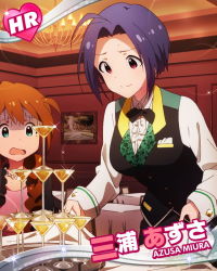 Rule 34 | 10s, 2girls, ahoge, baba konomi, blue hair, bow, bowtie, character name, cocktail glass, cup, drinking glass, idolmaster, idolmaster (classic), idolmaster million live!, miura azusa, multiple girls, official art, red eyes, short hair, solo focus, tablecloth, turn pale, vest