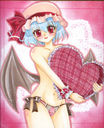 Rule 34 | 1girl, bad id, bad pixiv id, bat wings, female focus, fingernails, frilled pillow, frills, heart, heart-shaped pillow, long fingernails, mitsuba (threeleaf), nail polish, panties, panties only, pillow, pink panties, red eyes, remilia scarlet, short hair, side-tie panties, solo, topless, touhou, traditional media, underwear, underwear only, wings