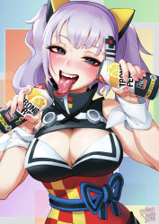 Rule 34 | 1girl, 2018, animal ears, artist name, bare shoulders, blue eyes, blunt bangs, blush, bow, breasts, can, cat ears, cleavage cutout, clothing cutout, fake animal ears, fangs, grabbing, hair ornament, half-closed eyes, highres, kaguya luna, large breasts, long tongue, looking at viewer, nail polish, naughty face, obi, open mouth, pink nails, pollenoxide, saliva, sash, sexually suggestive, sleeveless, smile, solo, strong zero, teeth, the moon studio, tongue, tongue out, twintails, uncensored, upper body, virtual youtuber, white hair